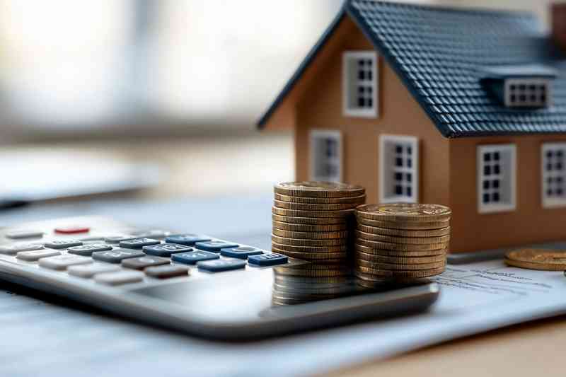 Kleines Häuschen mit Taschenrechner und Münzen